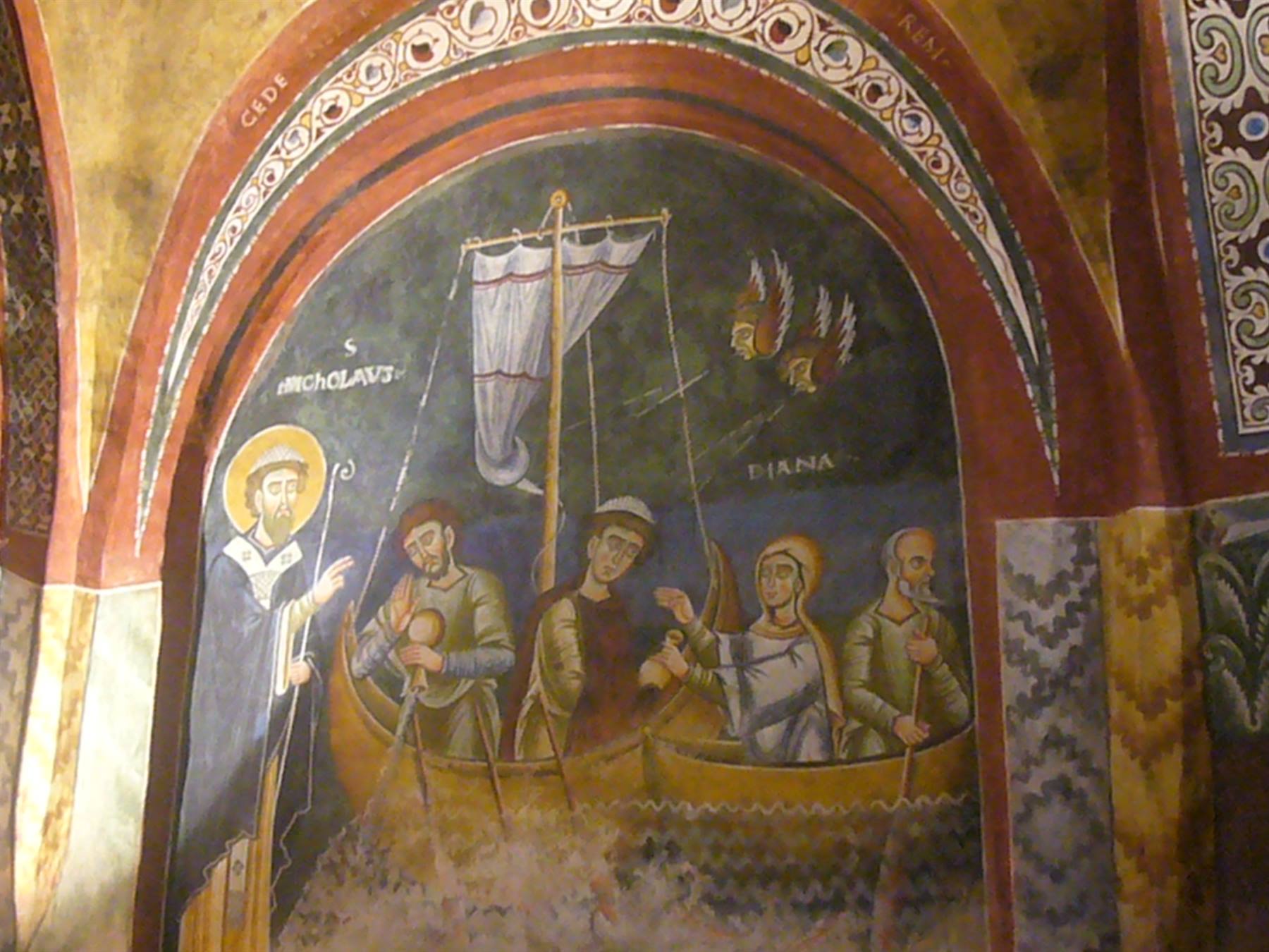 Affresco medievale di San Nicola che calma la tempesta, chiesa di San Pietro al Monte