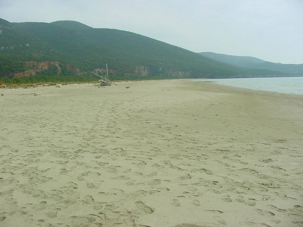 Spiaggia di sabbia con impronte, relitto di barca e verdi colline sullo sfondo