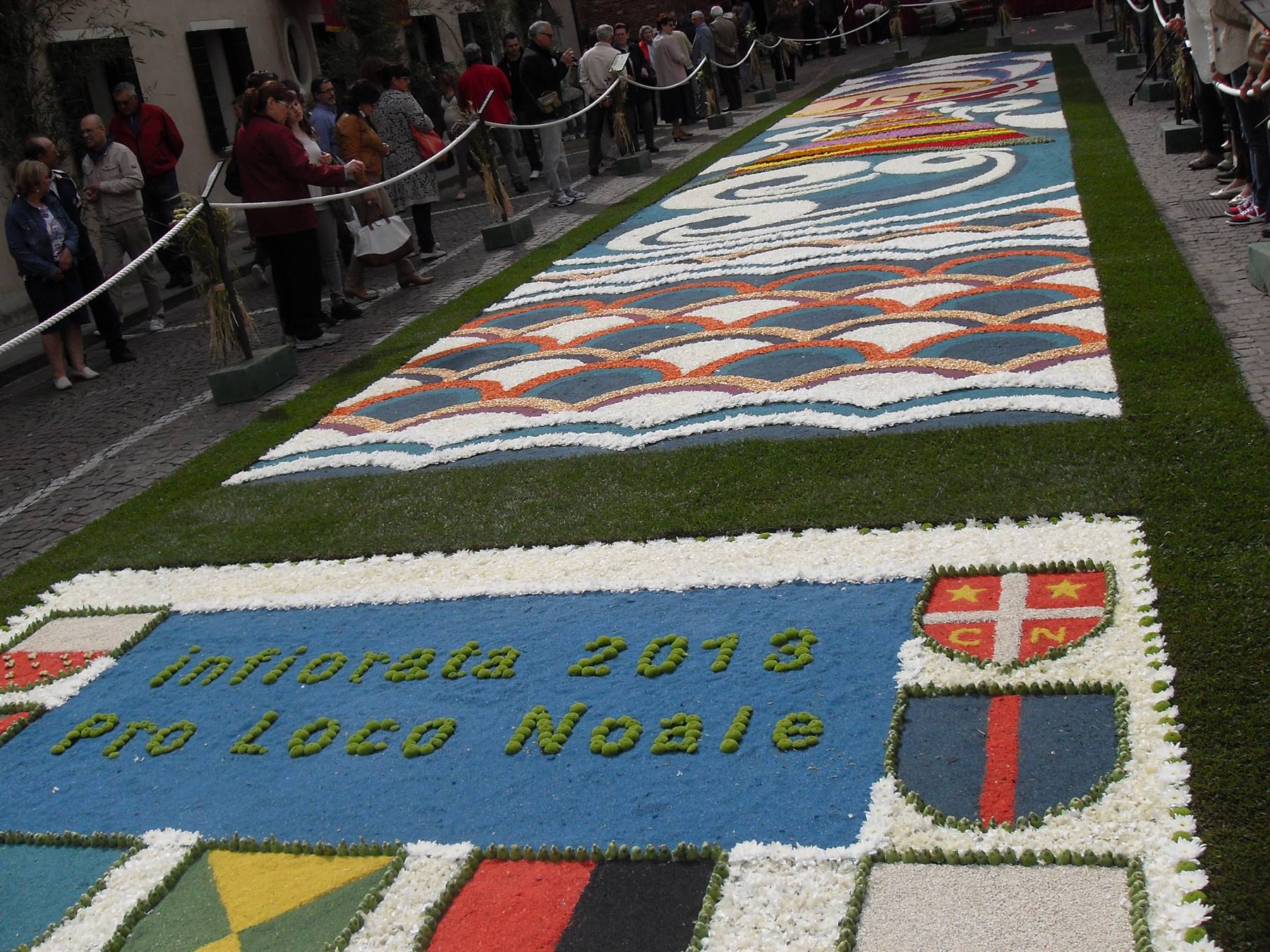 Infiorata 2013 a Noale, tappeto di petali colorati lungo la via, visitatori lungo le cordine