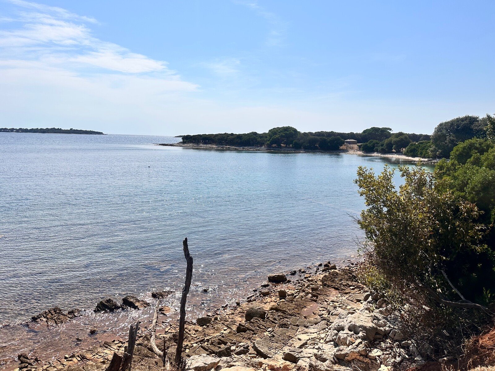 Camminando tra scogli e macchia mediterranea davanti a un mare tranquillo.