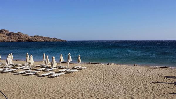 La spiaggia ancora silenziosa, ombrelloni che aspettano il sole della giornata.
