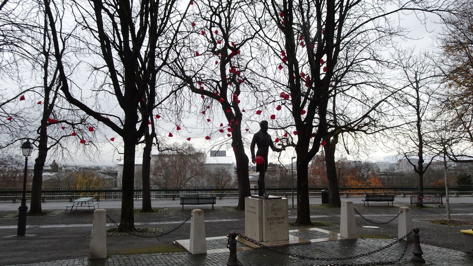 Una passeggiata autunnale tra cuori rossi appesi sugli alberi spogli.