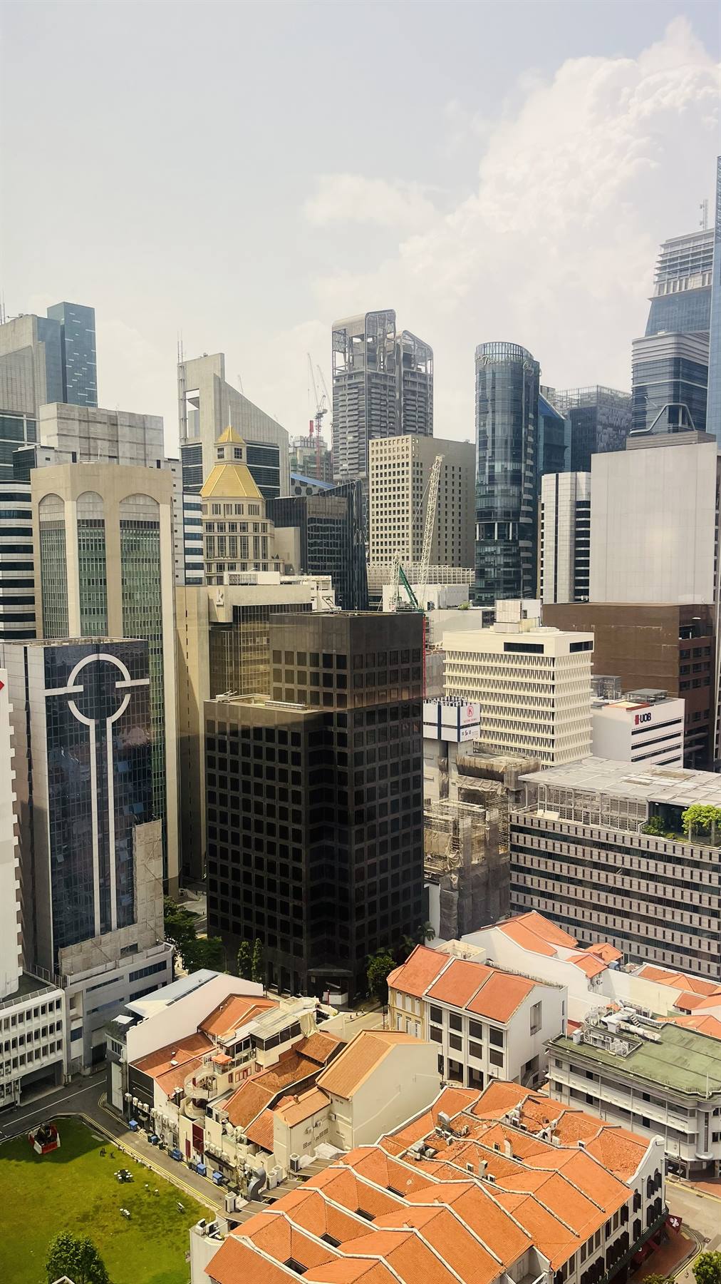 Dalle altezze, Singapore mi sorride: grattacieli e tetti antichi insieme.