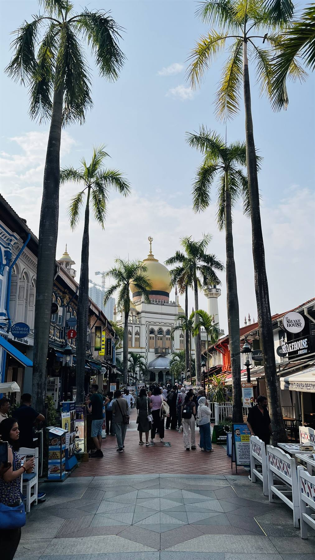 Camminando tra le palme verso la cupola dorata di Kampong Glam.