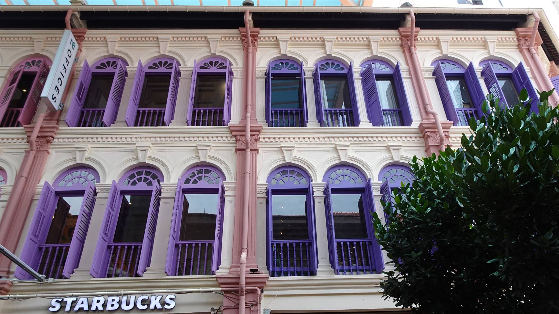 Facciata viola incantevole a Singapore: anche il caffè sa di avventura.