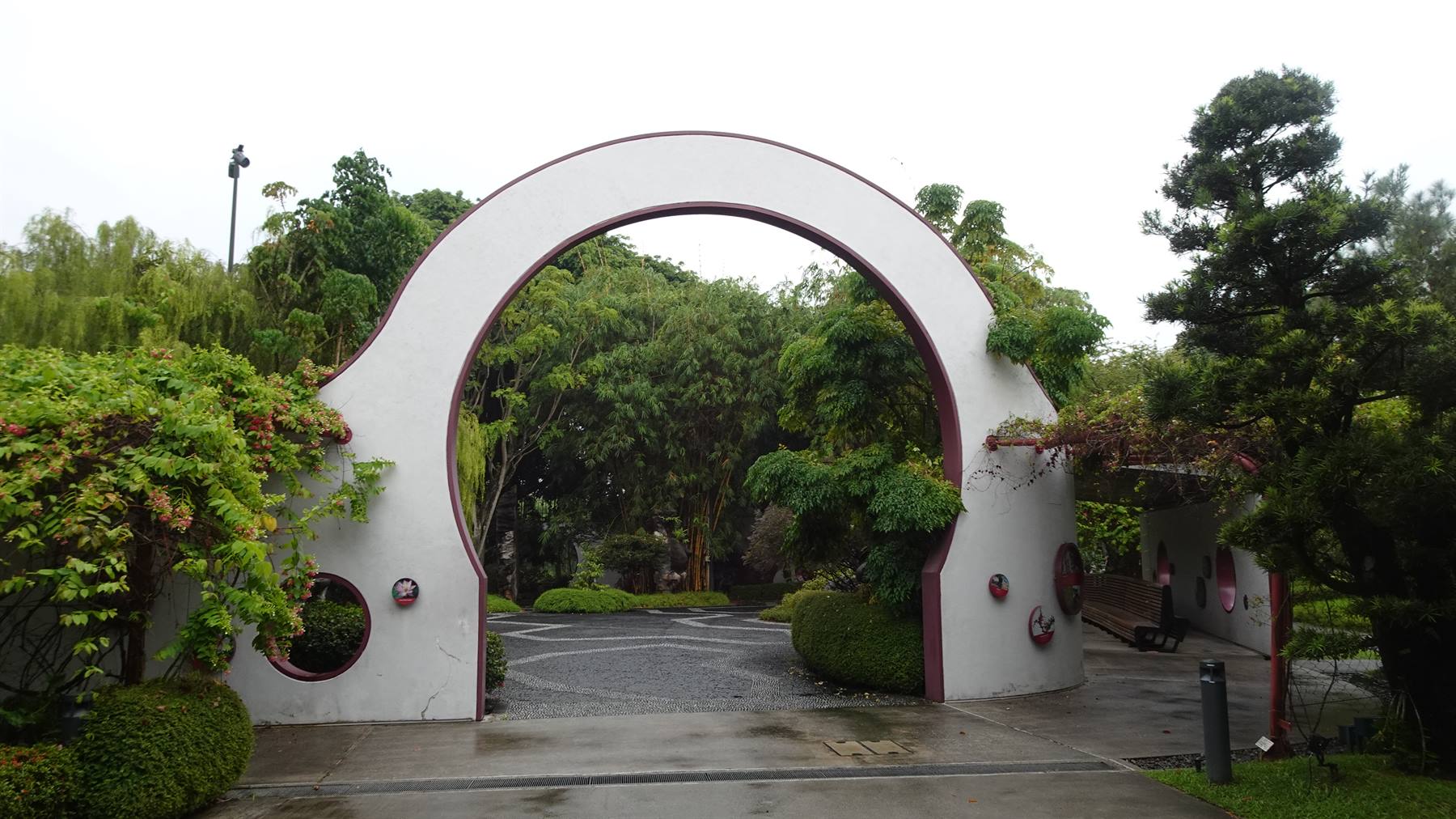 Oltre questo grande cerchio bianco, un giardino che ci accoglie nella pioggia.