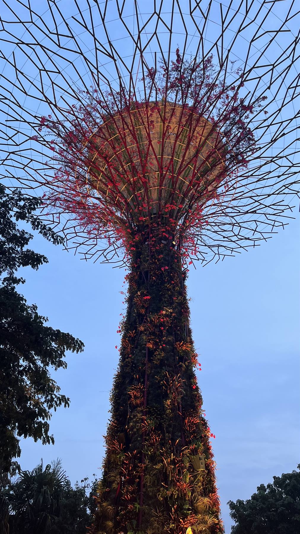 Sera a Gardens by the Bay: l'albero artificiale fiorisce contro il cielo.