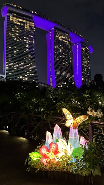 Fiori luminosi e una farfalla sotto le torri viola di Singapore.