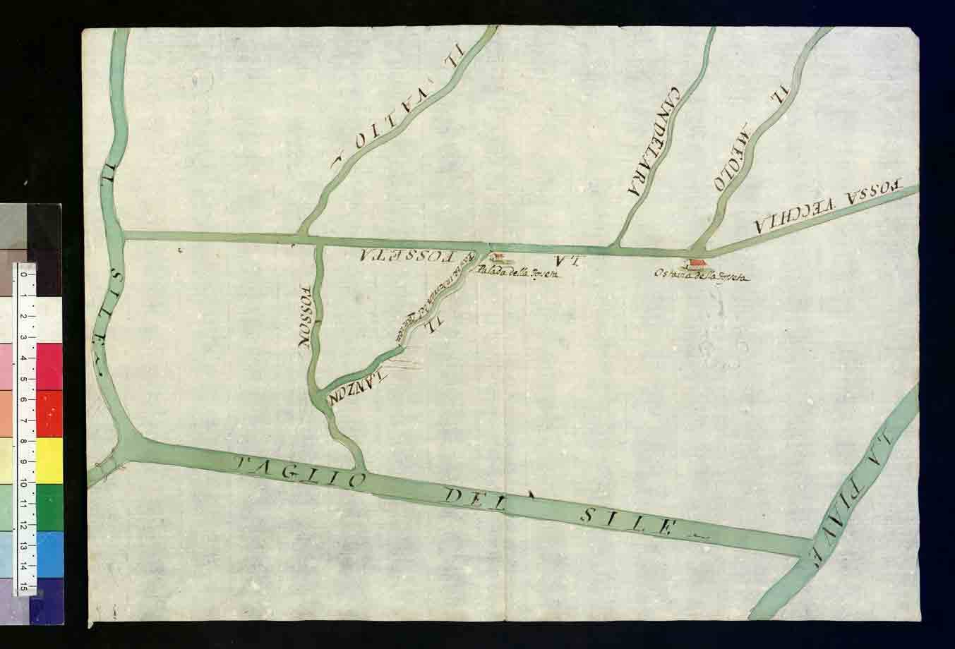 Mappa antica a inchiostro e acquerello del fiume Sile con canali Mosson e veneranda