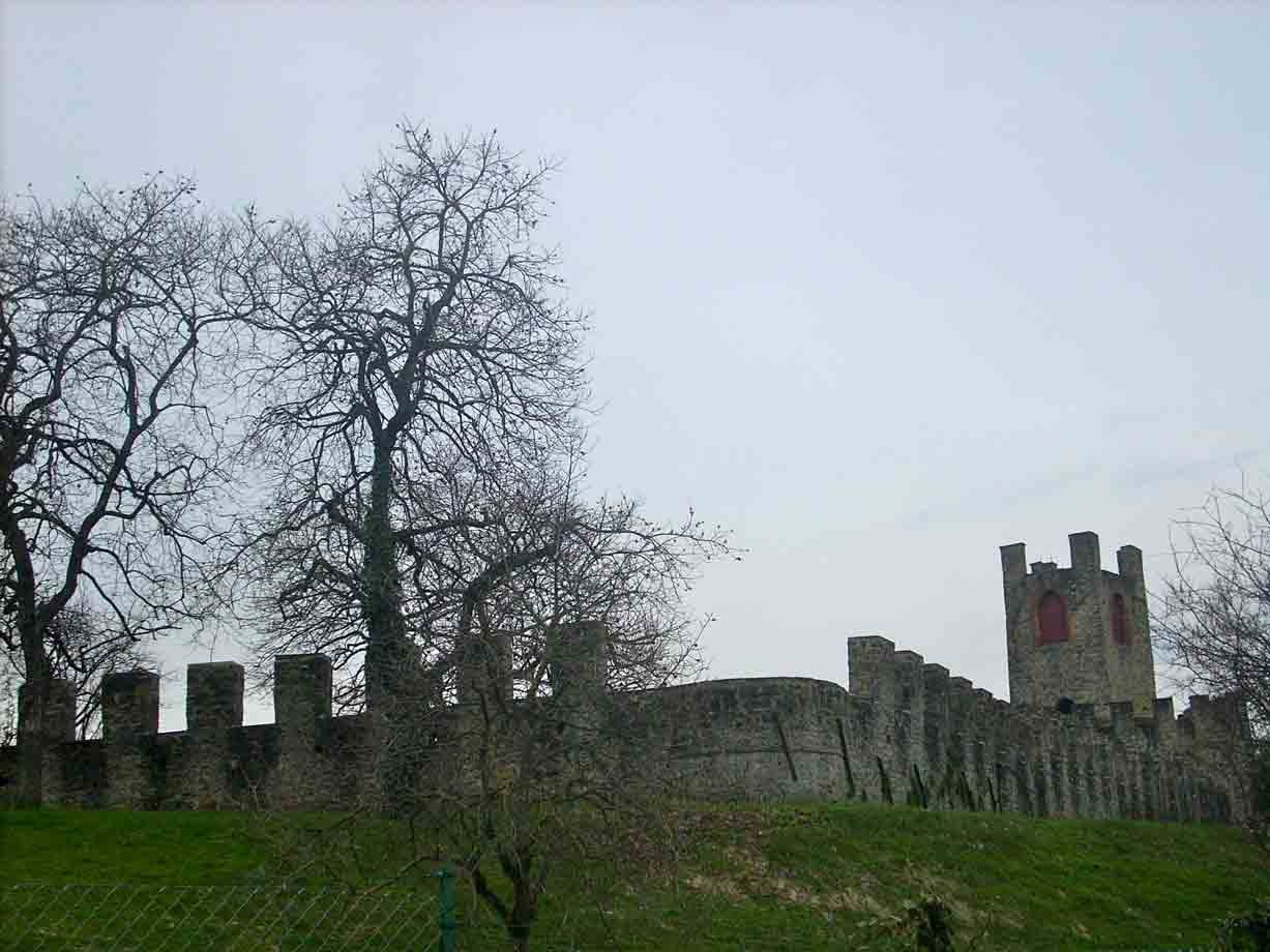 Mura merlate in pietra e torre del castello sotto cielo grigio, alberi spogli