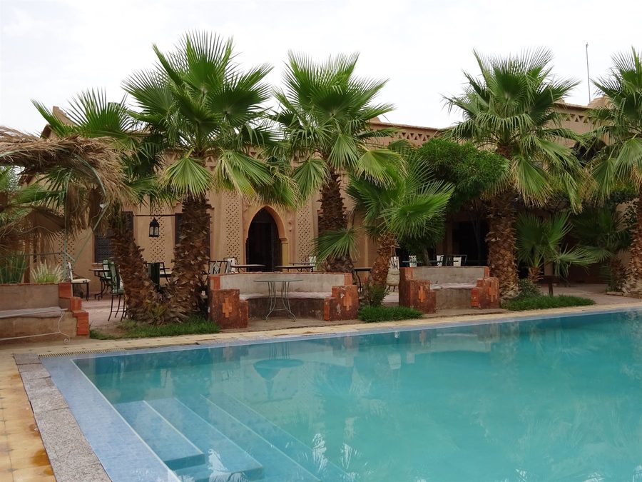 Piscina bordata di palme davanti al riad in mattoni di fango, Skoura